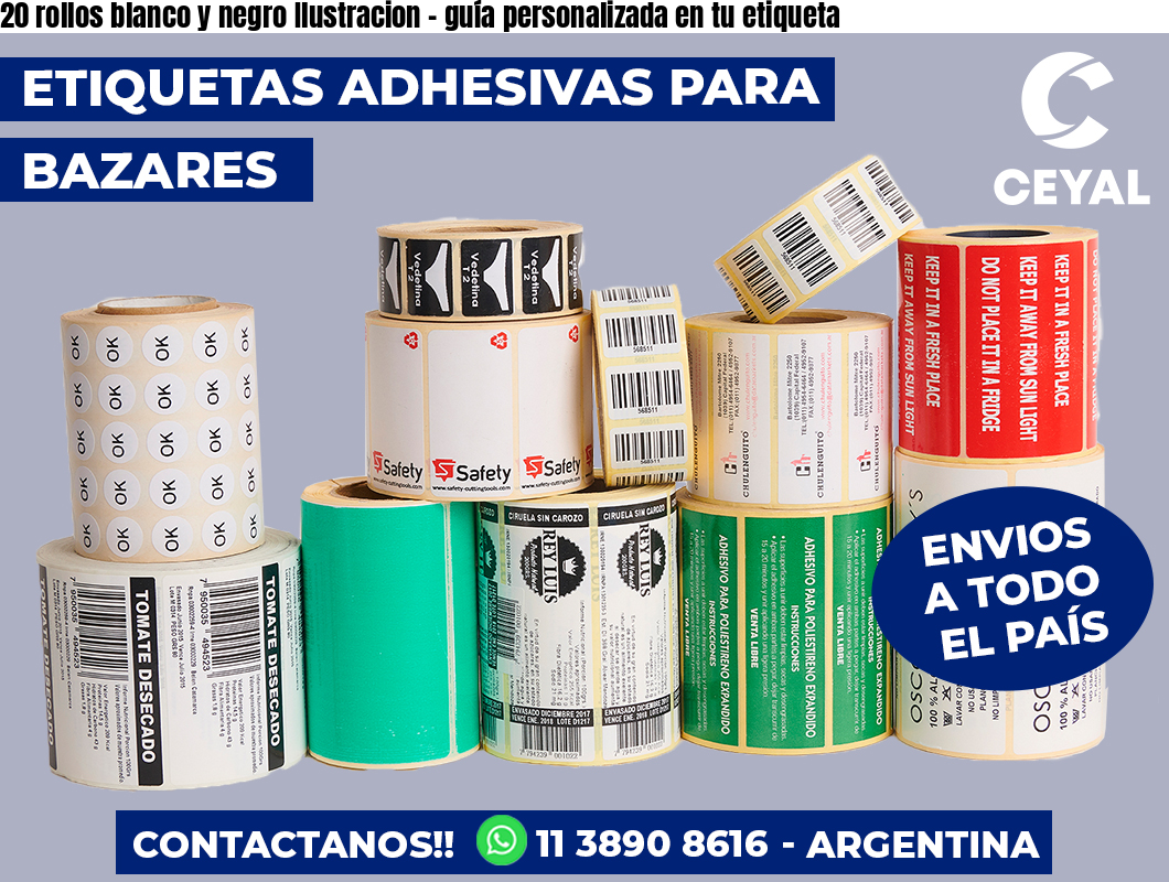 20 rollos blanco y negro Ilustracion - guía personalizada en tu etiqueta