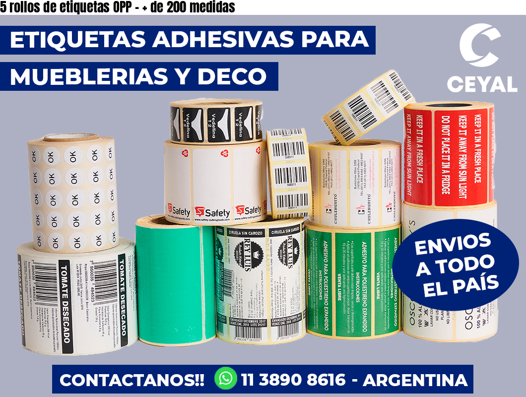 5 rollos de etiquetas OPP - + de 200 medidas