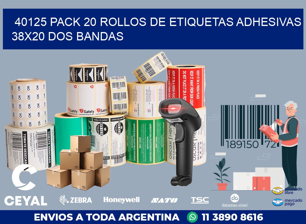 40125 PACK 20 ROLLOS DE ETIQUETAS ADHESIVAS 38X20 DOS BANDAS