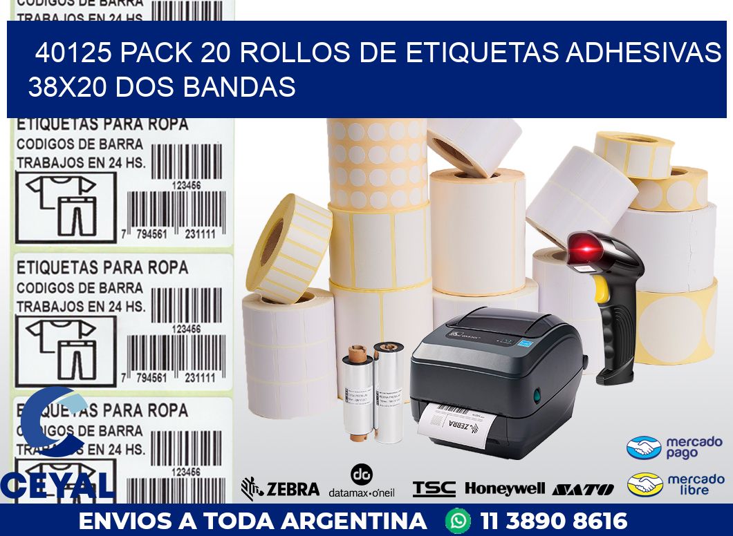40125 PACK 20 ROLLOS DE ETIQUETAS ADHESIVAS 38X20 DOS BANDAS
