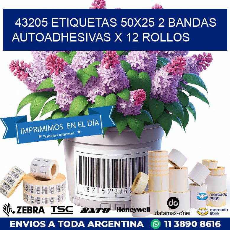 43205 ETIQUETAS 50X25 2 BANDAS AUTOADHESIVAS X 12 ROLLOS