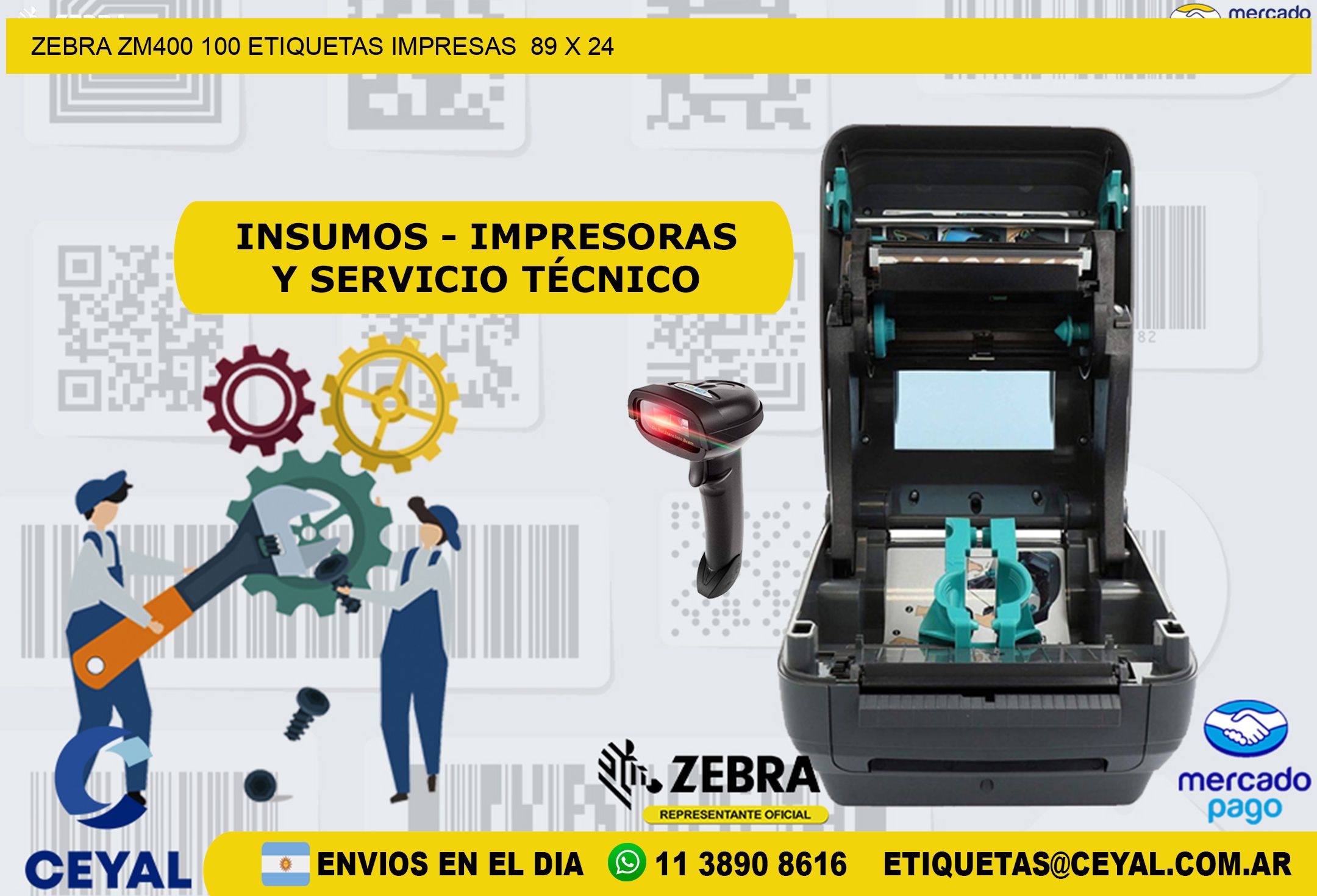 ZEBRA ZM400 100 ETIQUETAS IMPRESAS  89 x 24