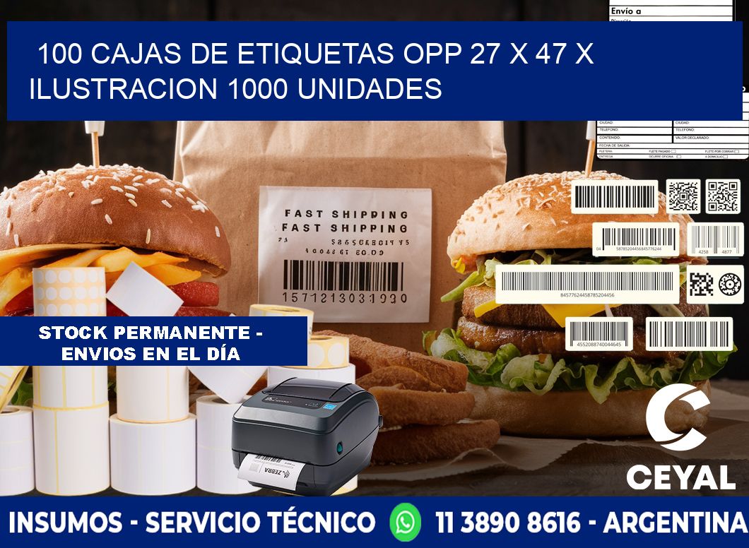 100 CAJAS DE ETIQUETAS OPP 27 x 47 X ILUSTRACION 1000 UNIDADES