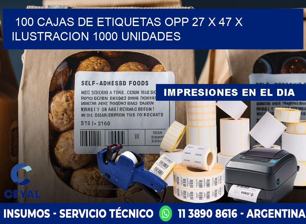 100 CAJAS DE ETIQUETAS OPP 27 x 47 X ILUSTRACION 1000 UNIDADES