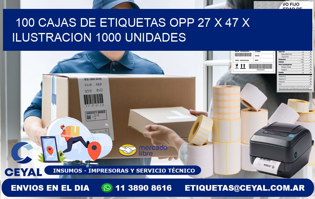 100 CAJAS DE ETIQUETAS OPP 27 x 47 X ILUSTRACION 1000 UNIDADES