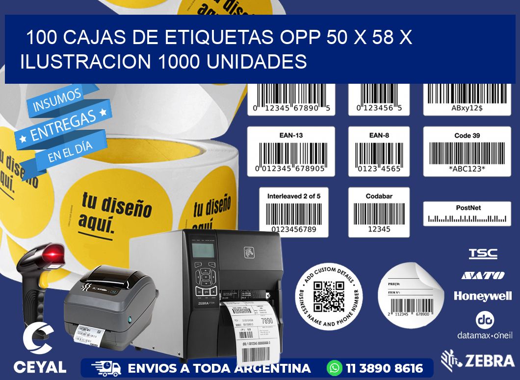 100 CAJAS DE ETIQUETAS OPP 50 x 58 X ILUSTRACION 1000 UNIDADES