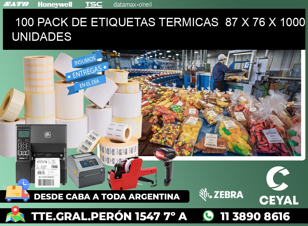 100 PACK DE ETIQUETAS TERMICAS  87 x 76 X 1000 UNIDADES