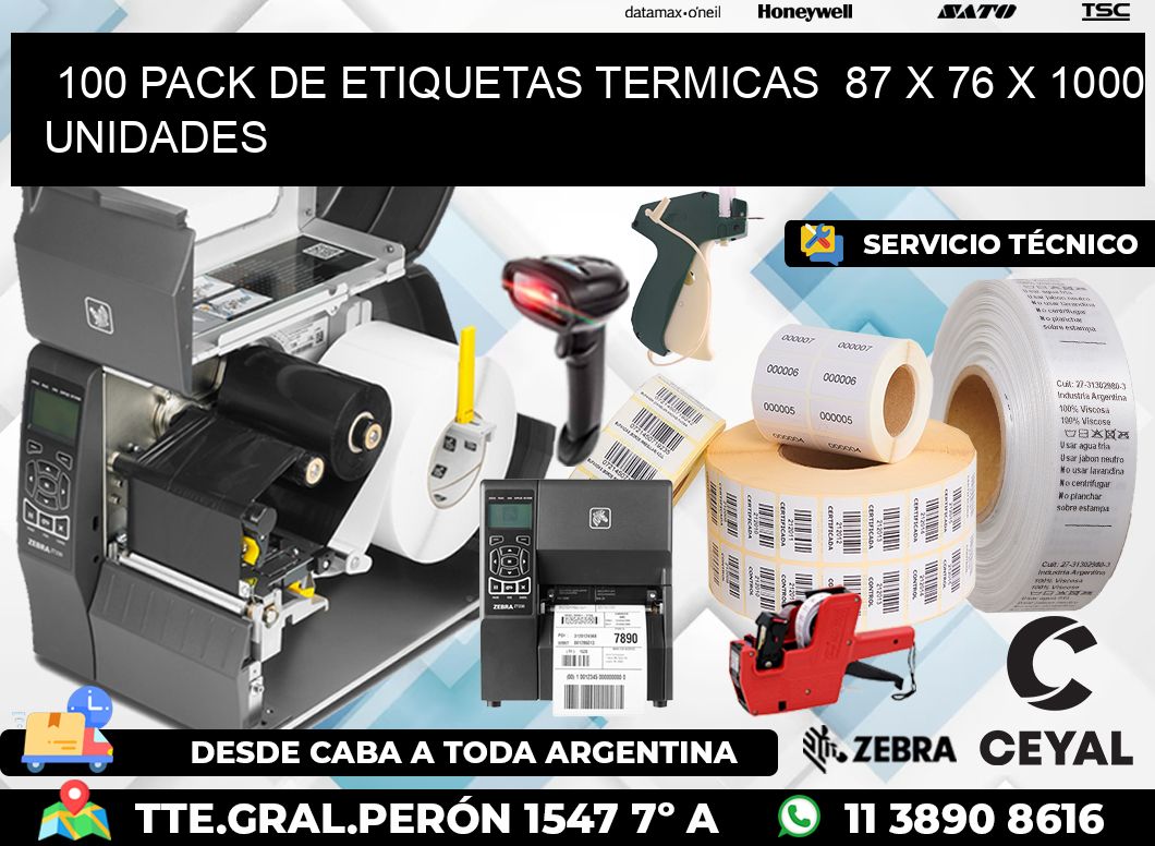 100 PACK DE ETIQUETAS TERMICAS  87 x 76 X 1000 UNIDADES