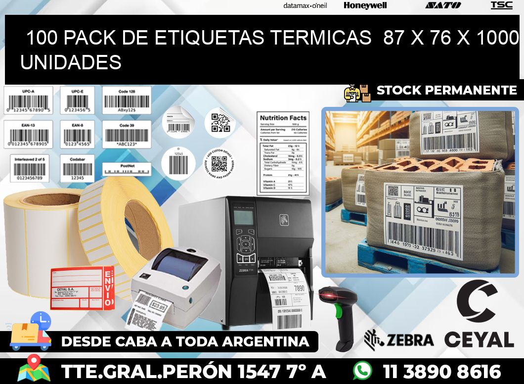 100 PACK DE ETIQUETAS TERMICAS  87 x 76 X 1000 UNIDADES