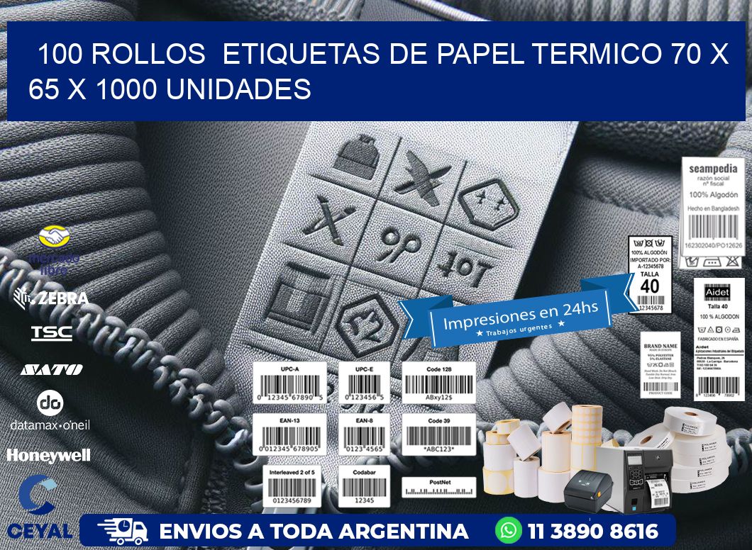 100 ROLLOS  ETIQUETAS DE PAPEL TERMICO 70 x 65 X 1000 UNIDADES