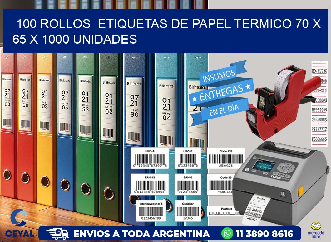 100 ROLLOS  ETIQUETAS DE PAPEL TERMICO 70 x 65 X 1000 UNIDADES