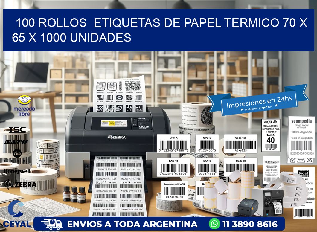 100 ROLLOS  ETIQUETAS DE PAPEL TERMICO 70 x 65 X 1000 UNIDADES