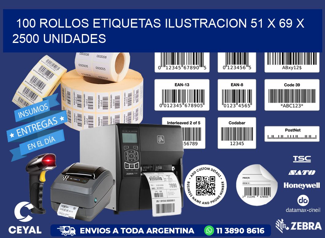 100 ROLLOS ETIQUETAS ILUSTRACION 51 x 69 X 2500 UNIDADES