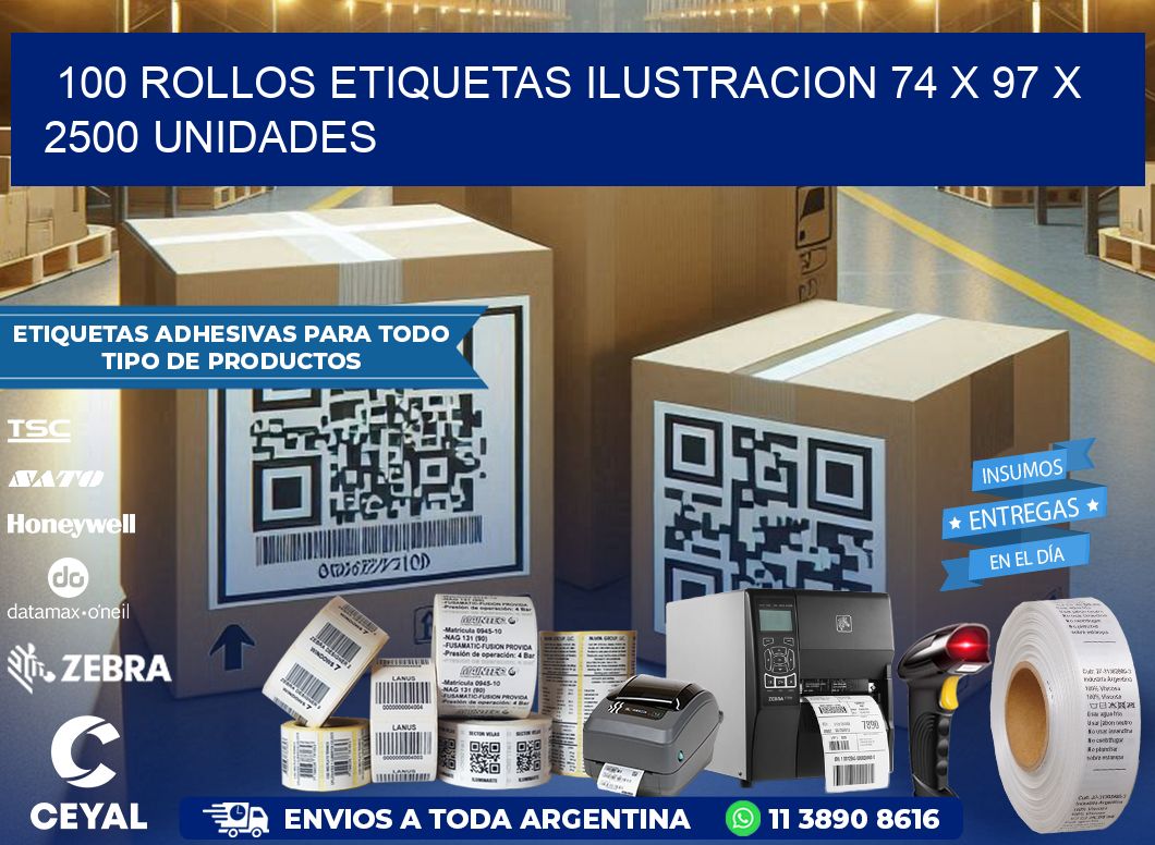 100 ROLLOS ETIQUETAS ILUSTRACION 74 x 97 X 2500 UNIDADES