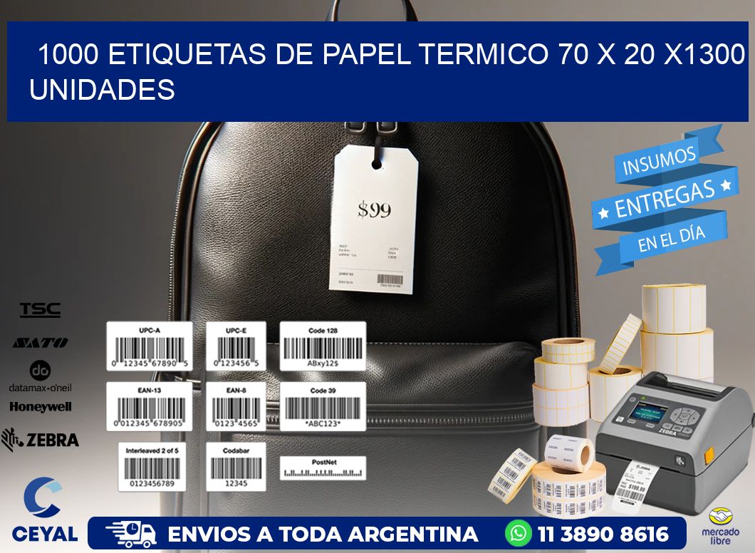 1000 ETIQUETAS DE PAPEL TERMICO 70 x 20 X1300 UNIDADES