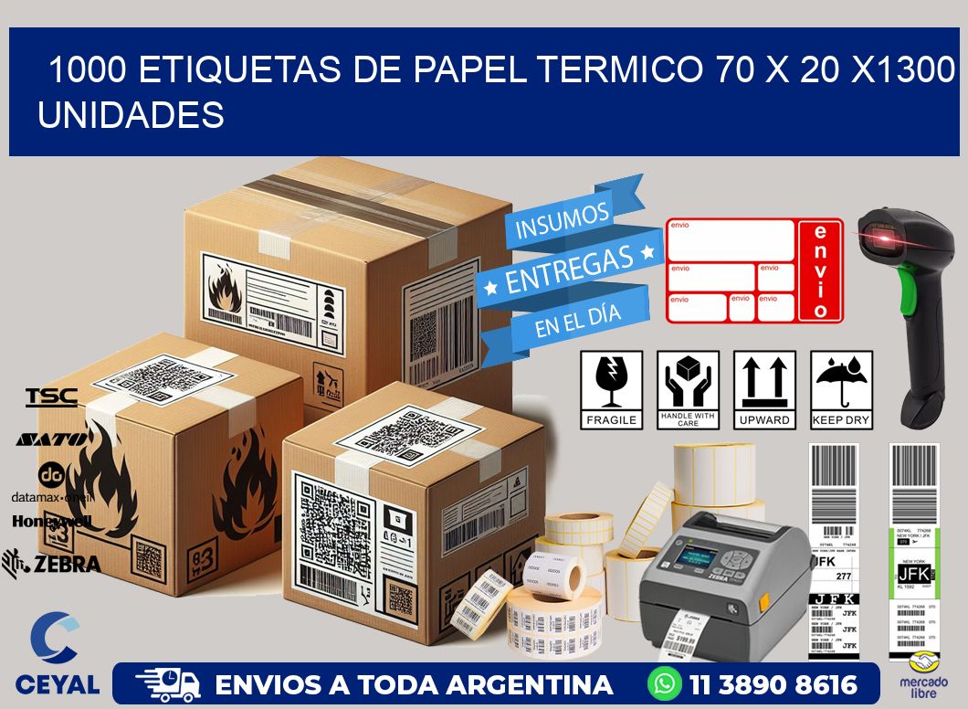 1000 ETIQUETAS DE PAPEL TERMICO 70 x 20 X1300 UNIDADES