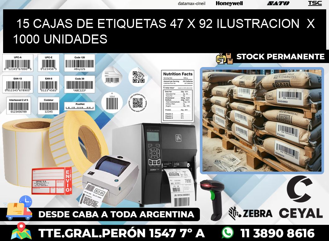 15 CAJAS DE ETIQUETAS 47 x 92 ILUSTRACION  X 1000 UNIDADES