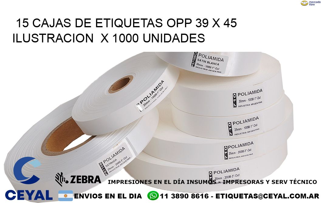 15 CAJAS DE ETIQUETAS OPP 39 x 45 ILUSTRACION  X 1000 UNIDADES