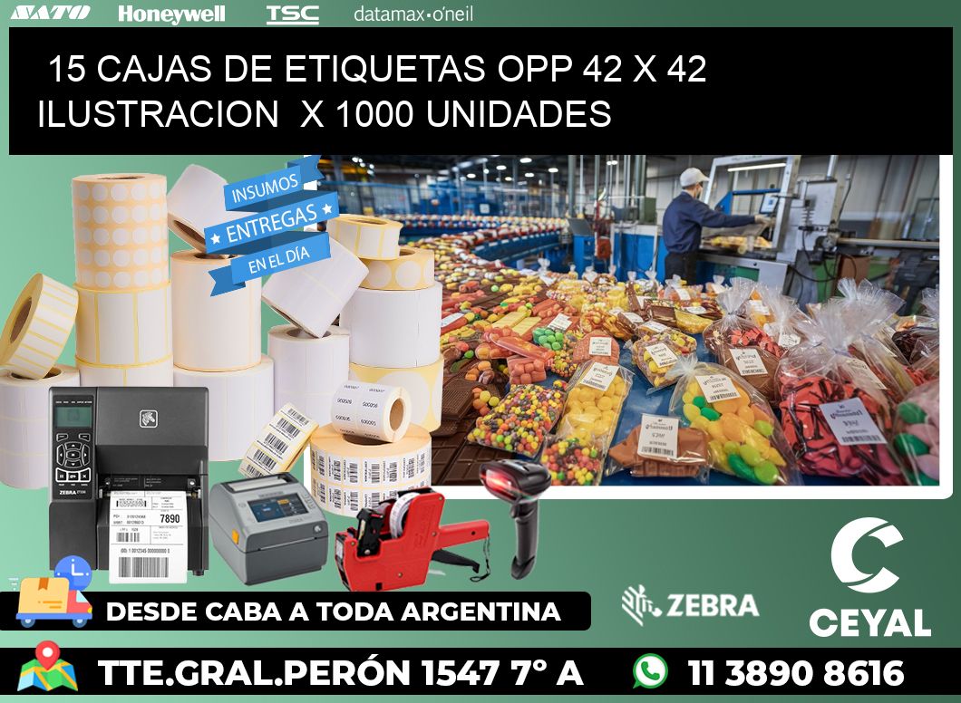 15 CAJAS DE ETIQUETAS OPP 42 x 42 ILUSTRACION  X 1000 UNIDADES