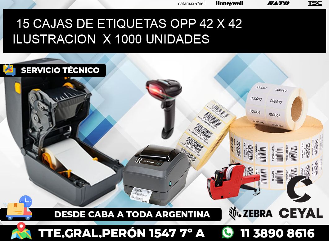 15 CAJAS DE ETIQUETAS OPP 42 x 42 ILUSTRACION  X 1000 UNIDADES