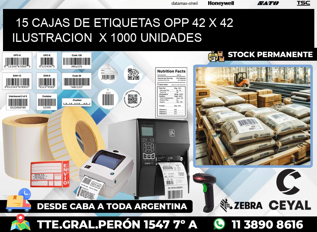 15 CAJAS DE ETIQUETAS OPP 42 x 42 ILUSTRACION  X 1000 UNIDADES