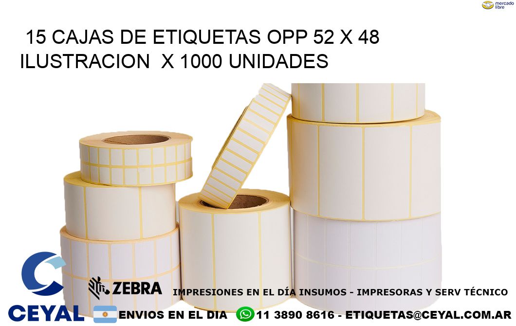 15 CAJAS DE ETIQUETAS OPP 52 x 48 ILUSTRACION  X 1000 UNIDADES