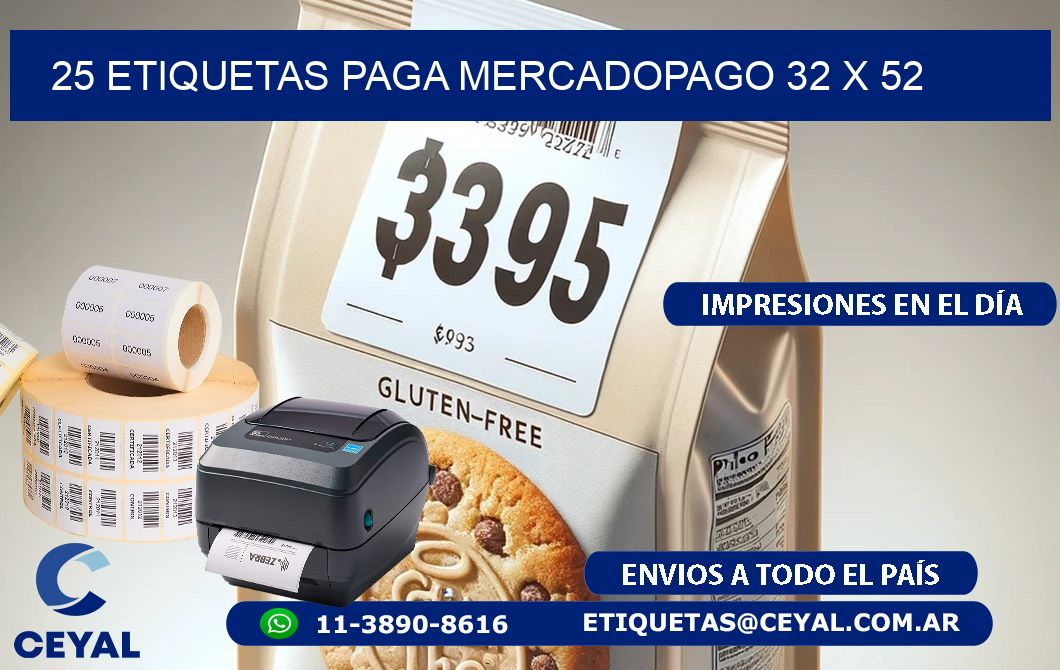 25 ETIQUETAS PAGA MERCADOPAGO 32 x 52