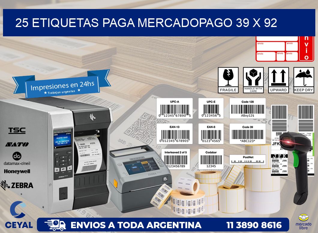 25 ETIQUETAS PAGA MERCADOPAGO 39 x 92