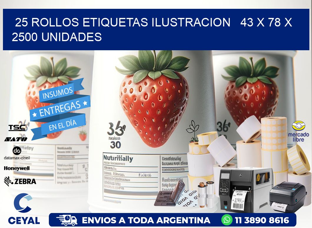 25 ROLLOS ETIQUETAS ILUSTRACION   43 x 78 X 2500 UNIDADES