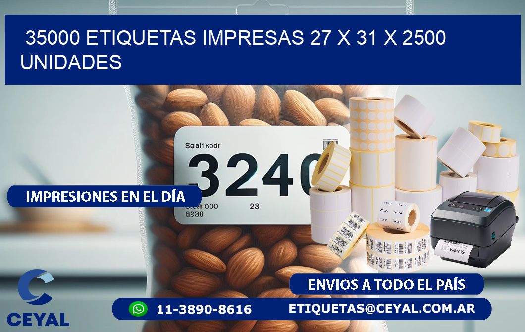 35000 ETIQUETAS IMPRESAS 27 x 31 X 2500 UNIDADES