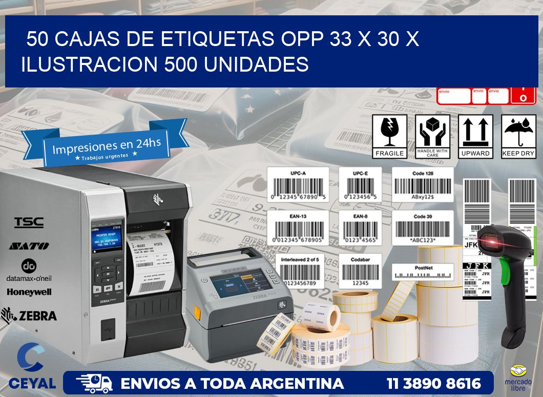 50 CAJAS DE ETIQUETAS OPP 33 x 30 X ILUSTRACION 500 UNIDADES