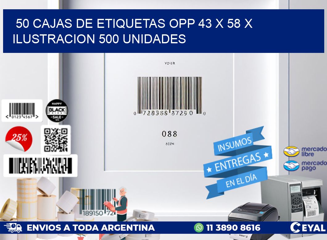 50 CAJAS DE ETIQUETAS OPP 43 x 58 X ILUSTRACION 500 UNIDADES