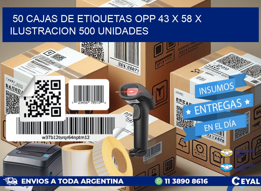 50 CAJAS DE ETIQUETAS OPP 43 x 58 X ILUSTRACION 500 UNIDADES