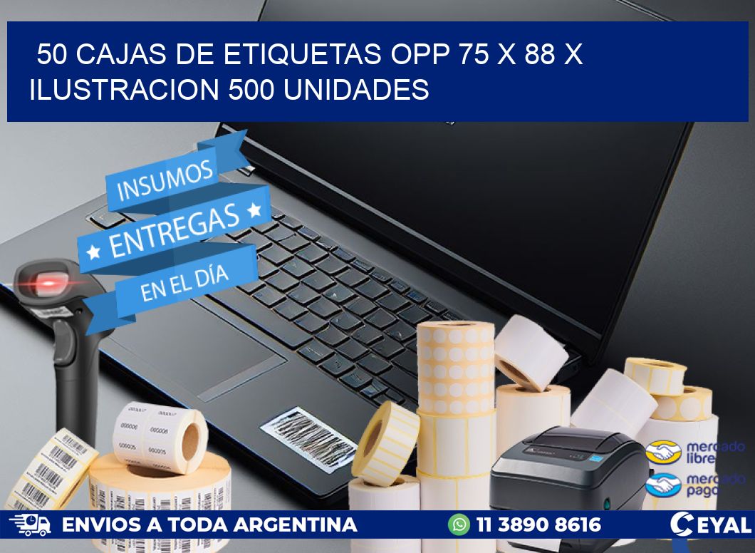 50 CAJAS DE ETIQUETAS OPP 75 x 88 X ILUSTRACION 500 UNIDADES