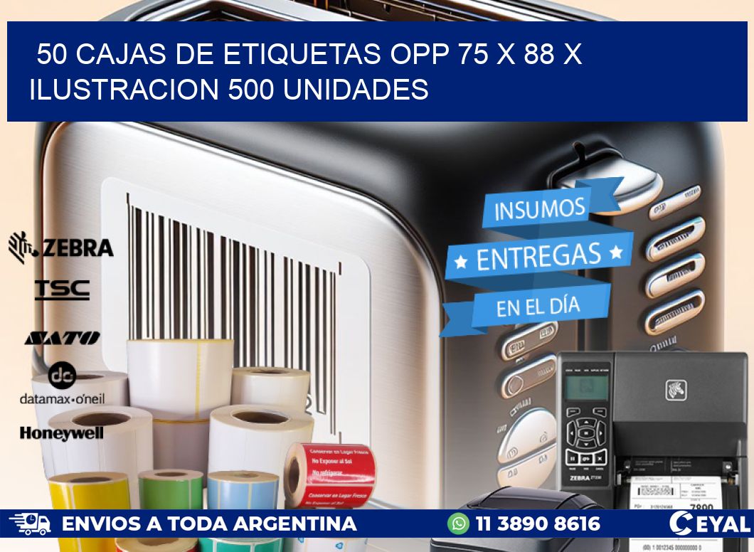 50 CAJAS DE ETIQUETAS OPP 75 x 88 X ILUSTRACION 500 UNIDADES