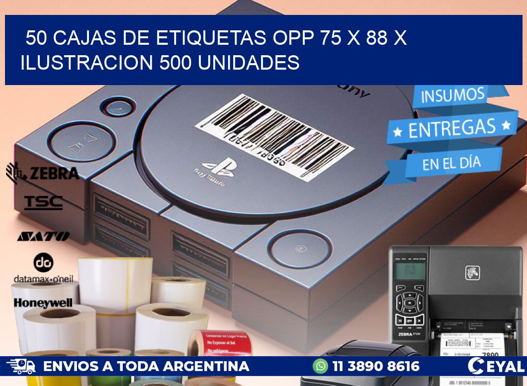 50 CAJAS DE ETIQUETAS OPP 75 x 88 X ILUSTRACION 500 UNIDADES