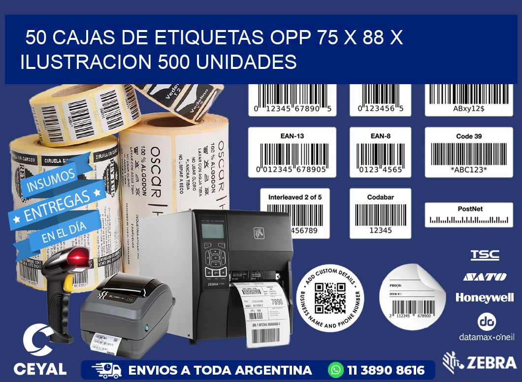 50 CAJAS DE ETIQUETAS OPP 75 x 88 X ILUSTRACION 500 UNIDADES