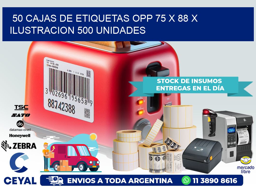 50 CAJAS DE ETIQUETAS OPP 75 x 88 X ILUSTRACION 500 UNIDADES