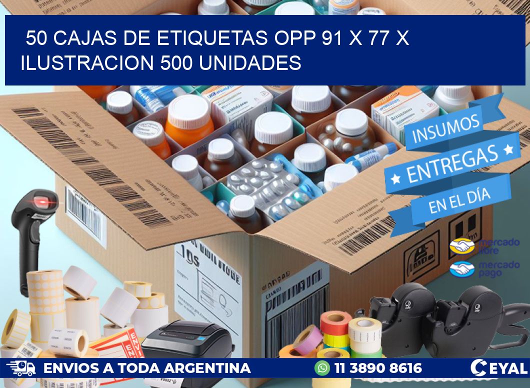 50 CAJAS DE ETIQUETAS OPP 91 x 77 X ILUSTRACION 500 UNIDADES