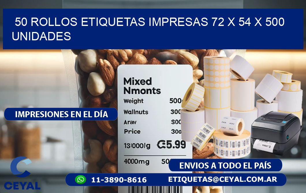 50 ROLLOS ETIQUETAS IMPRESAS 72 x 54 X 500 UNIDADES