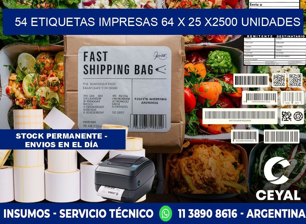 54 ETIQUETAS IMPRESAS 64 x 25 X2500 UNIDADES