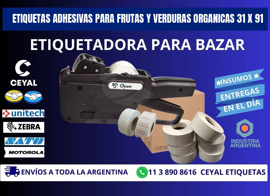 ETIQUETAS ADHESIVAS PARA FRUTAS Y VERDURAS ORGANICAS 31 x 91