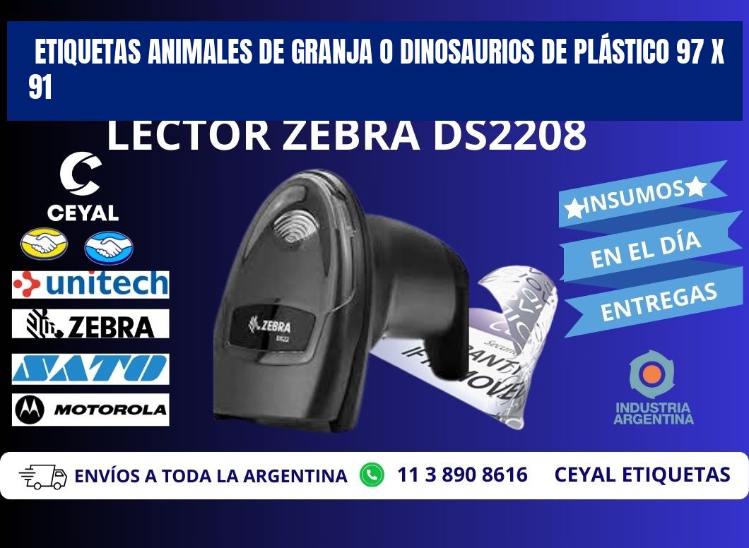 ETIQUETAS ANIMALES DE GRANJA O DINOSAURIOS DE PLÁSTICO 97 x 91