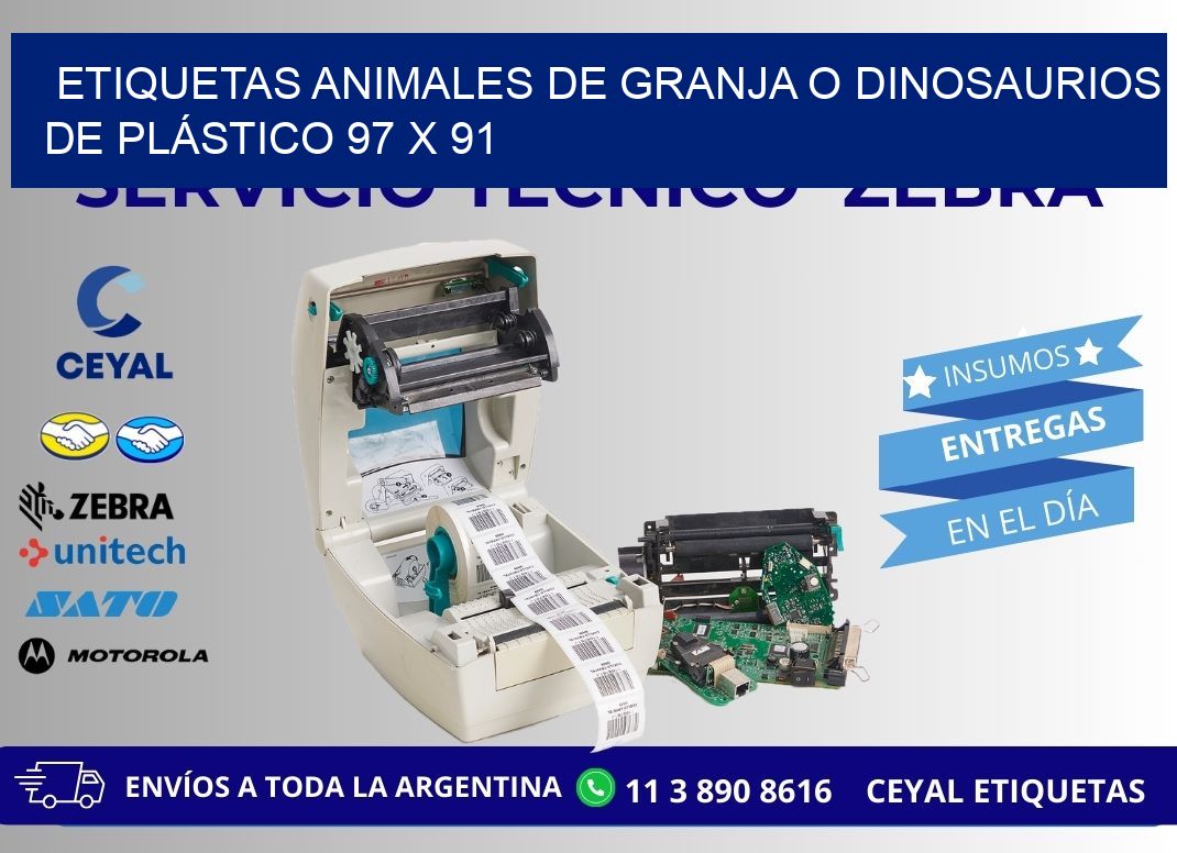 ETIQUETAS ANIMALES DE GRANJA O DINOSAURIOS DE PLÁSTICO 97 x 91