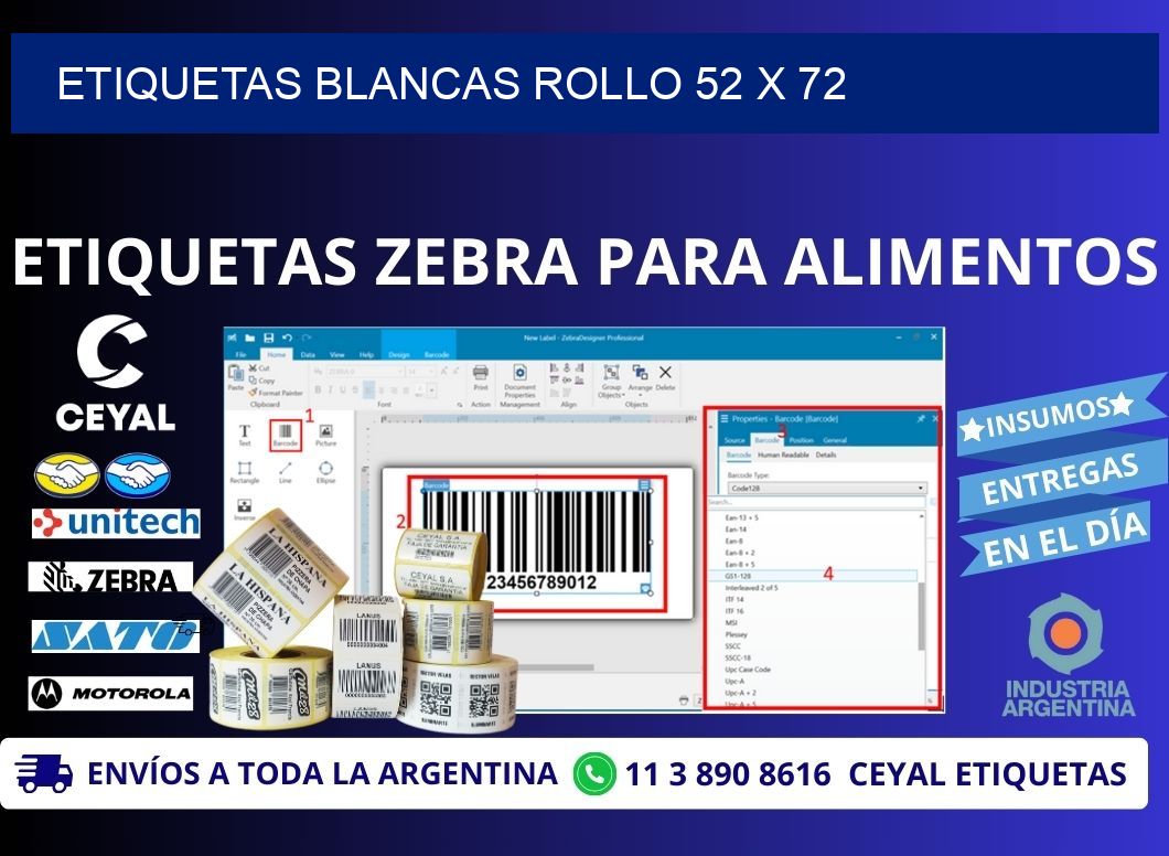 ETIQUETAS BLANCAS ROLLO 52 x 72