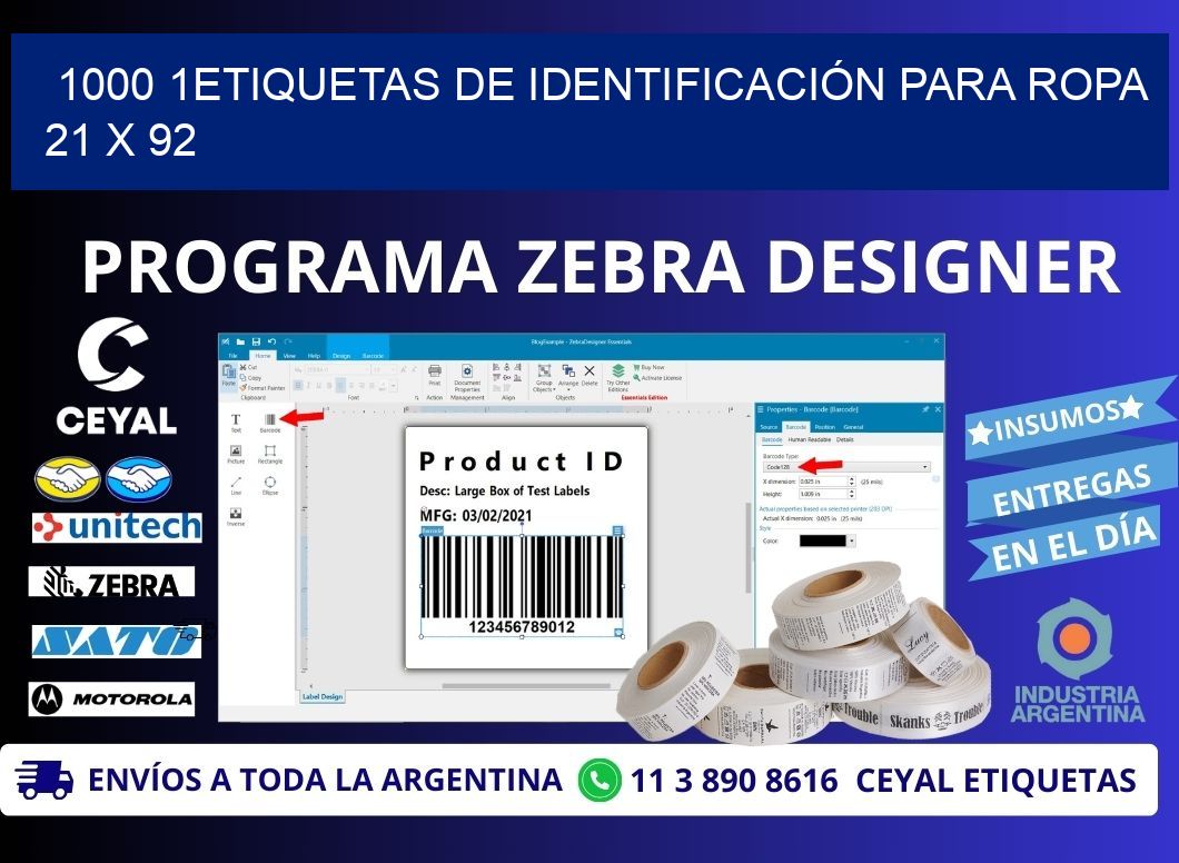 1000 1ETIQUETAS DE IDENTIFICACIÓN PARA ROPA 21 x 92