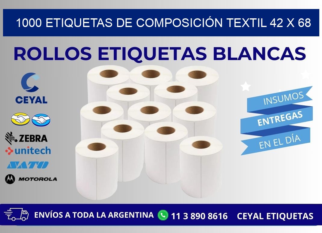 1000 ETIQUETAS DE COMPOSICIÓN TEXTIL 42 x 68