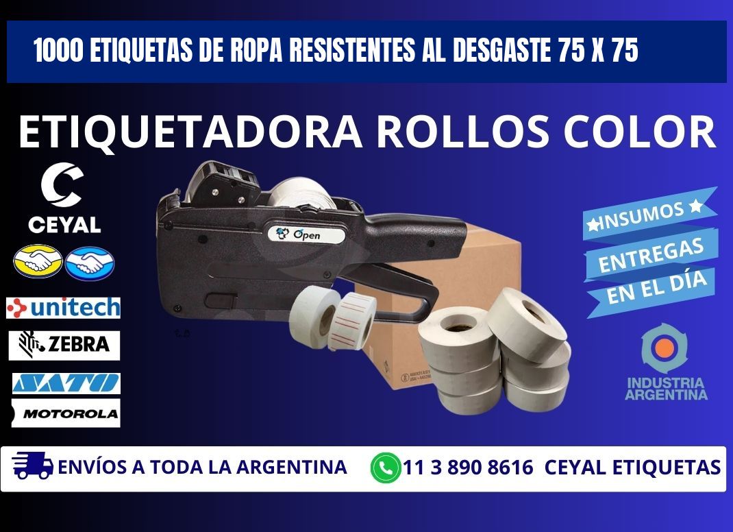 1000 ETIQUETAS DE ROPA RESISTENTES AL DESGASTE 75 x 75