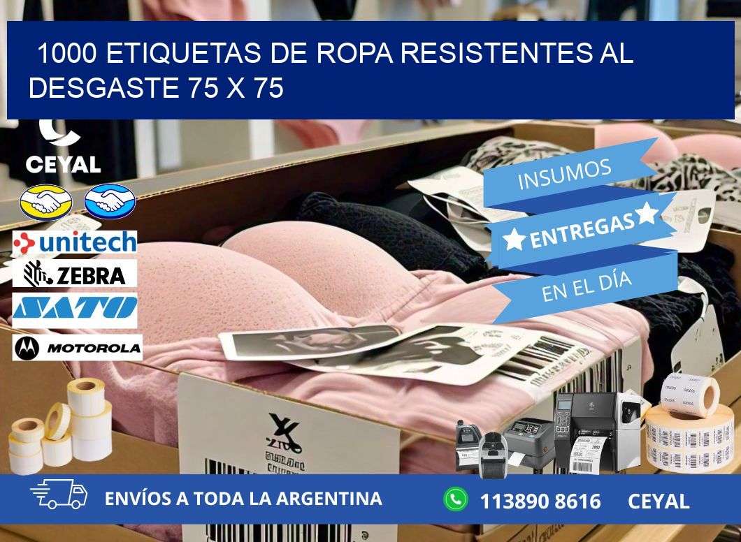 1000 ETIQUETAS DE ROPA RESISTENTES AL DESGASTE 75 x 75