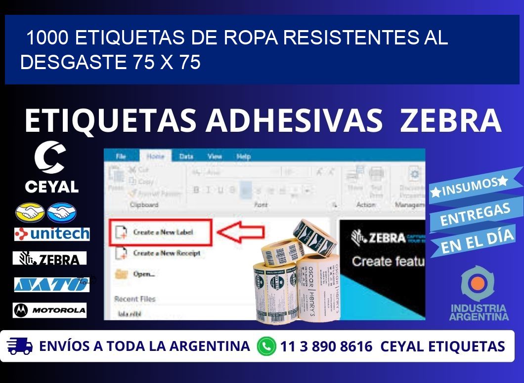 1000 ETIQUETAS DE ROPA RESISTENTES AL DESGASTE 75 x 75